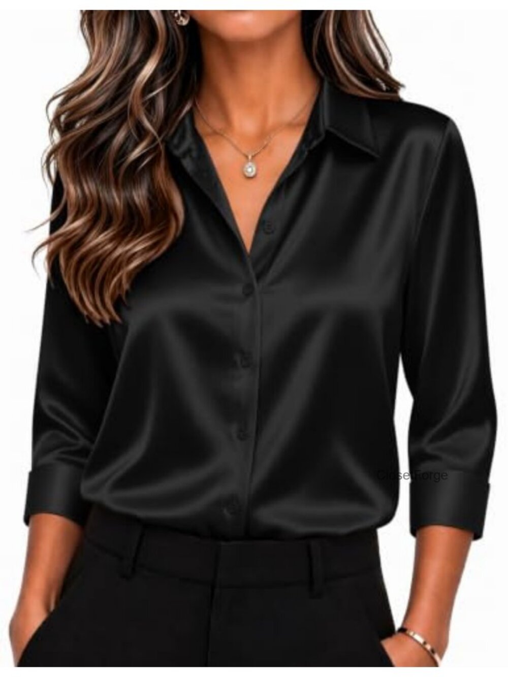 Womens Satin Blouse 97% Polyester 3% Spandex, 3/4 Sleeve, Button Down, Dressy,